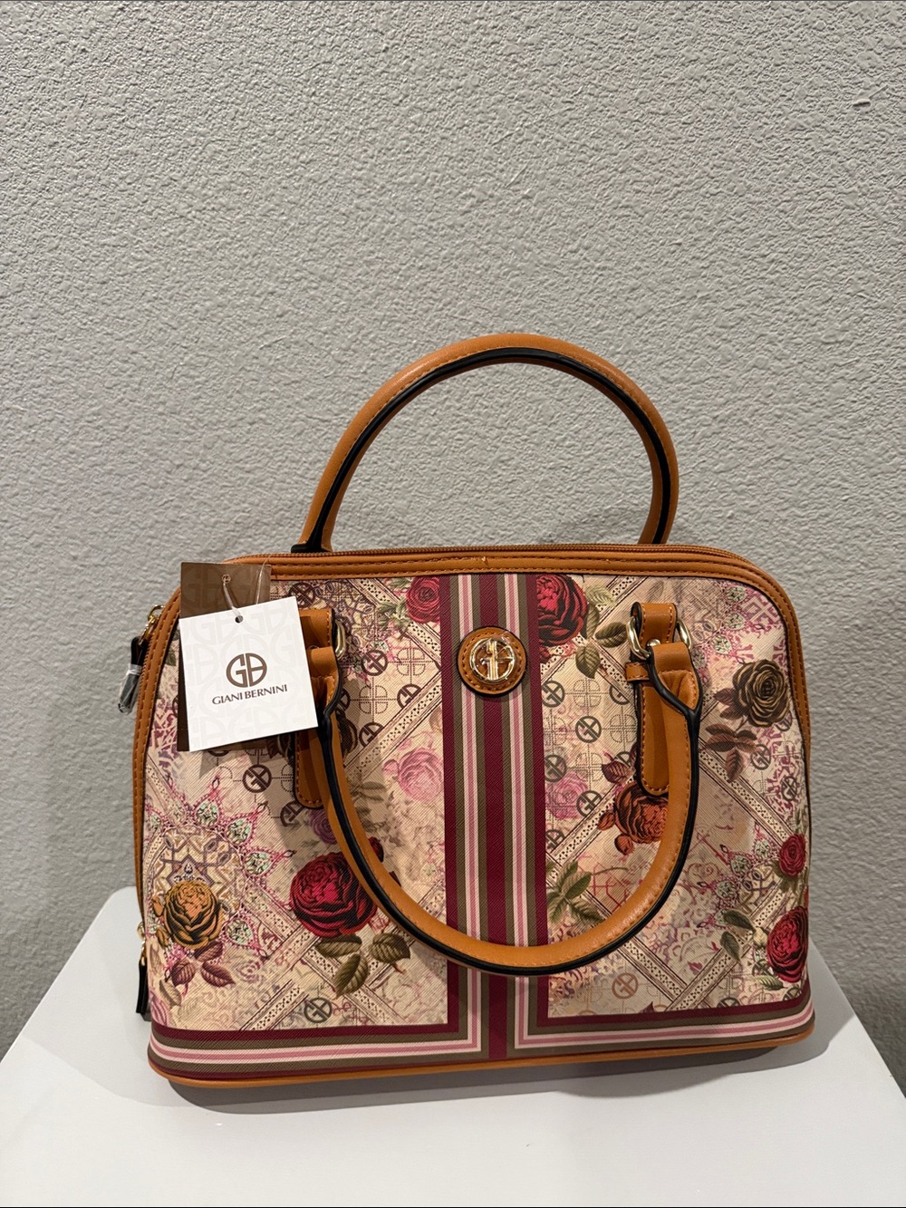 Giani Bernini Floral Stripe Satchel in Tan and Rose | New